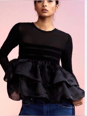 NWT Cynthia Rowley Velvet Ribbon Mesh Organza Top, Size XS, Color Black